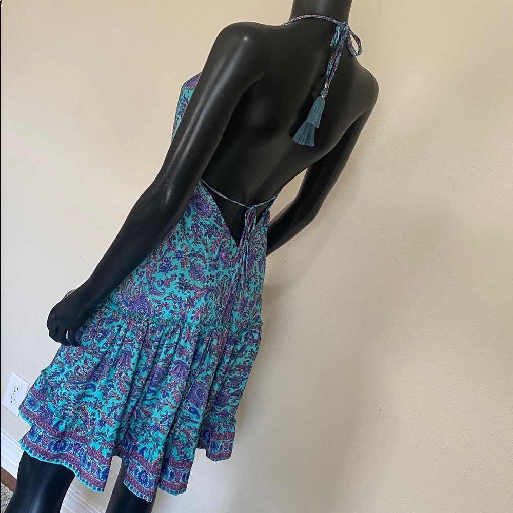 Sleeveless Teal Purple & Pink Silk Floral V-Neck Adjustable Size S M L Dress - Picture 7 of 15